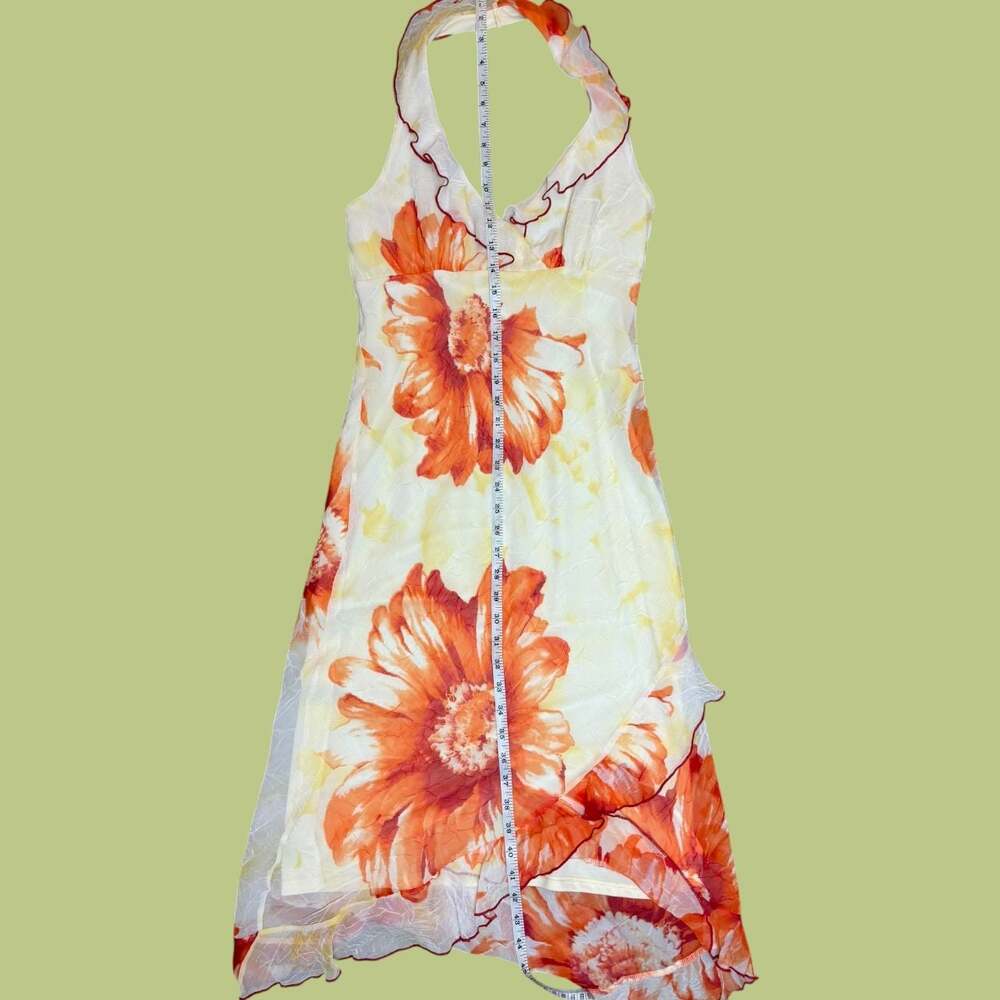 Vintage 90s Y2K Orange Floral Asymmetrical Midi Dress - Picture 6 of 7